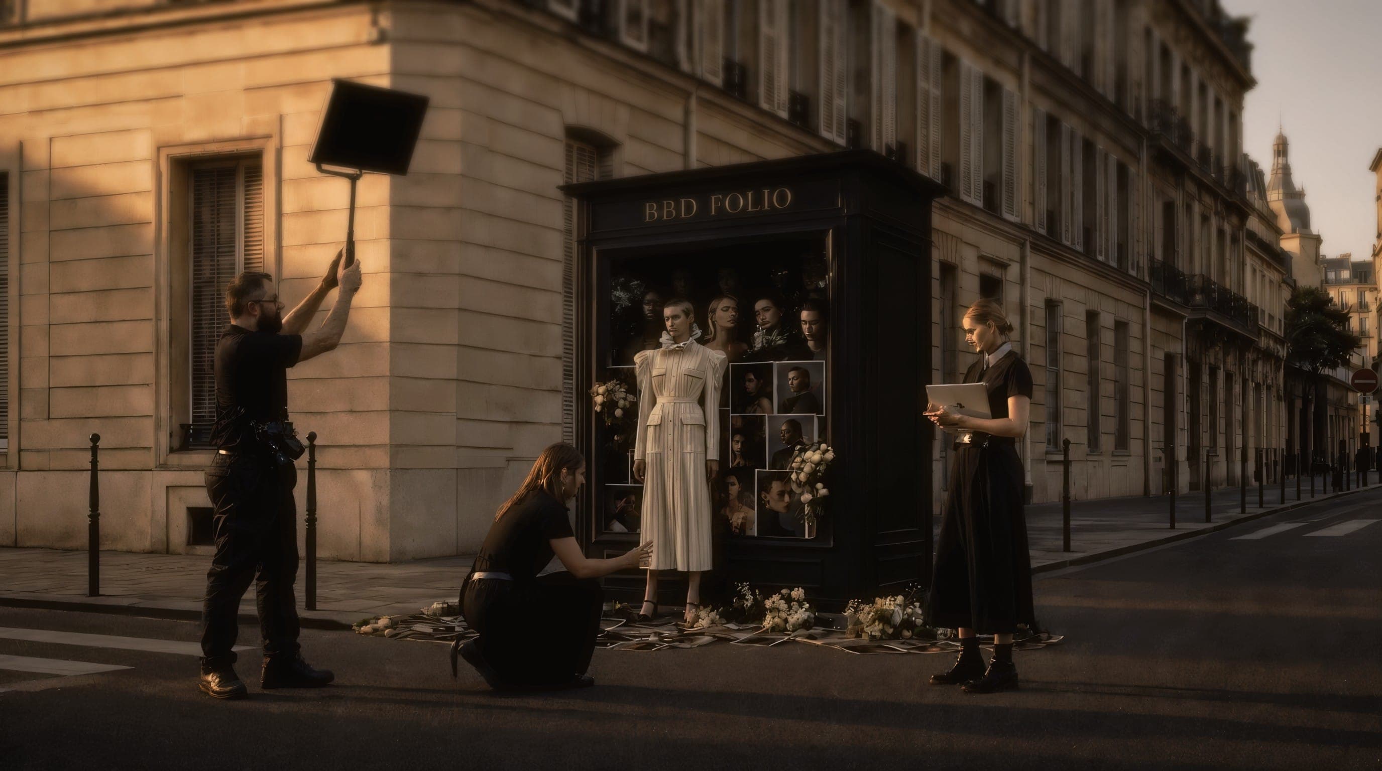 Un chiosco-vetrina nero BBD FOLIO a un angolo di strada al tramonto: una modella in vetrina tra le cover, un fotografo scatta mentre una stylist gli sistema la camicia, una producer col tablet a destra